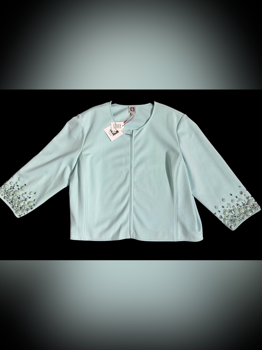 NWT Anne Klein 3/4 Slv Embellished Gems Full Zip Blazer Size 2X Light Blue $179